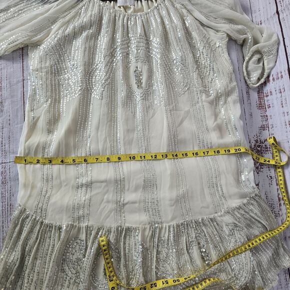 Carolina K Dress M Cream Sequin Sheer Sleeve Ruffle Tier Fairy Feminine Showgirl - Picture 12 of 15